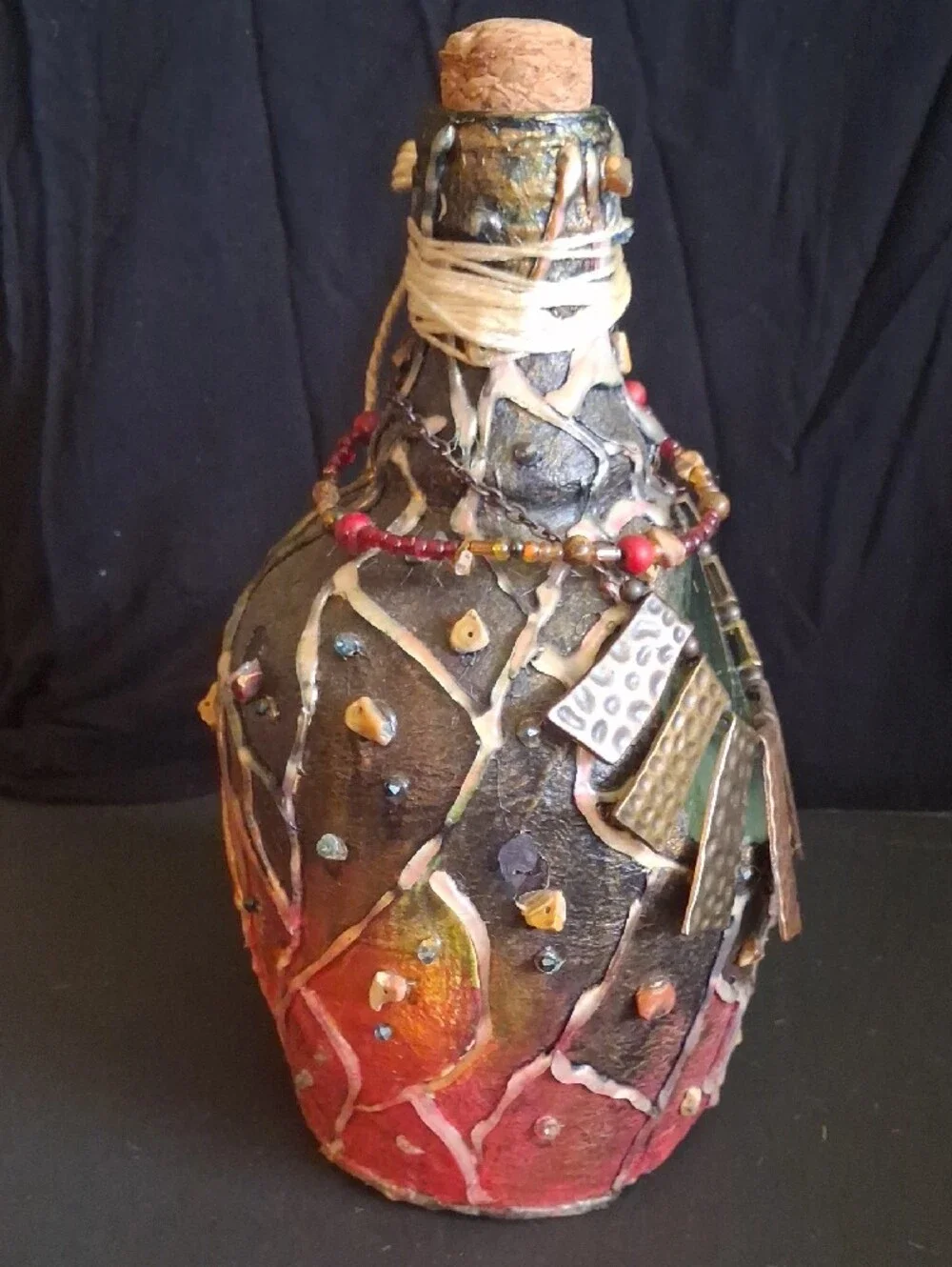Artisan Decorative Green Glass and Metal Accent Bottle - Handcrafted Home Accent